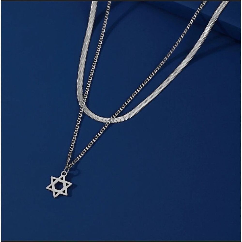 Double Layer Star of David Necklace Silver Stainless Steel